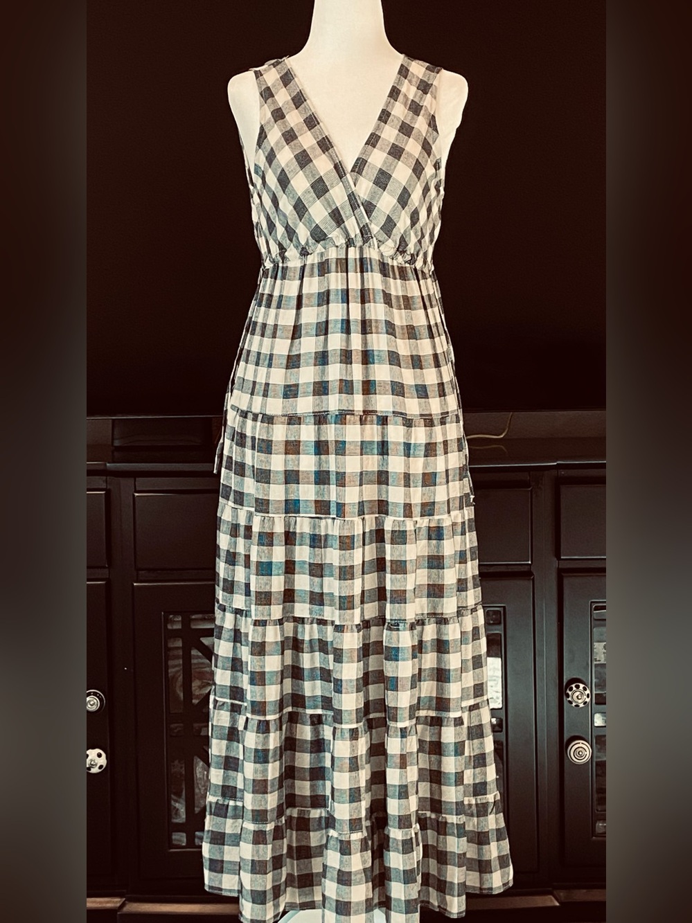 NWT Max Studio Black Ecru Plaid Splice V-Neck Midi Sundress XS